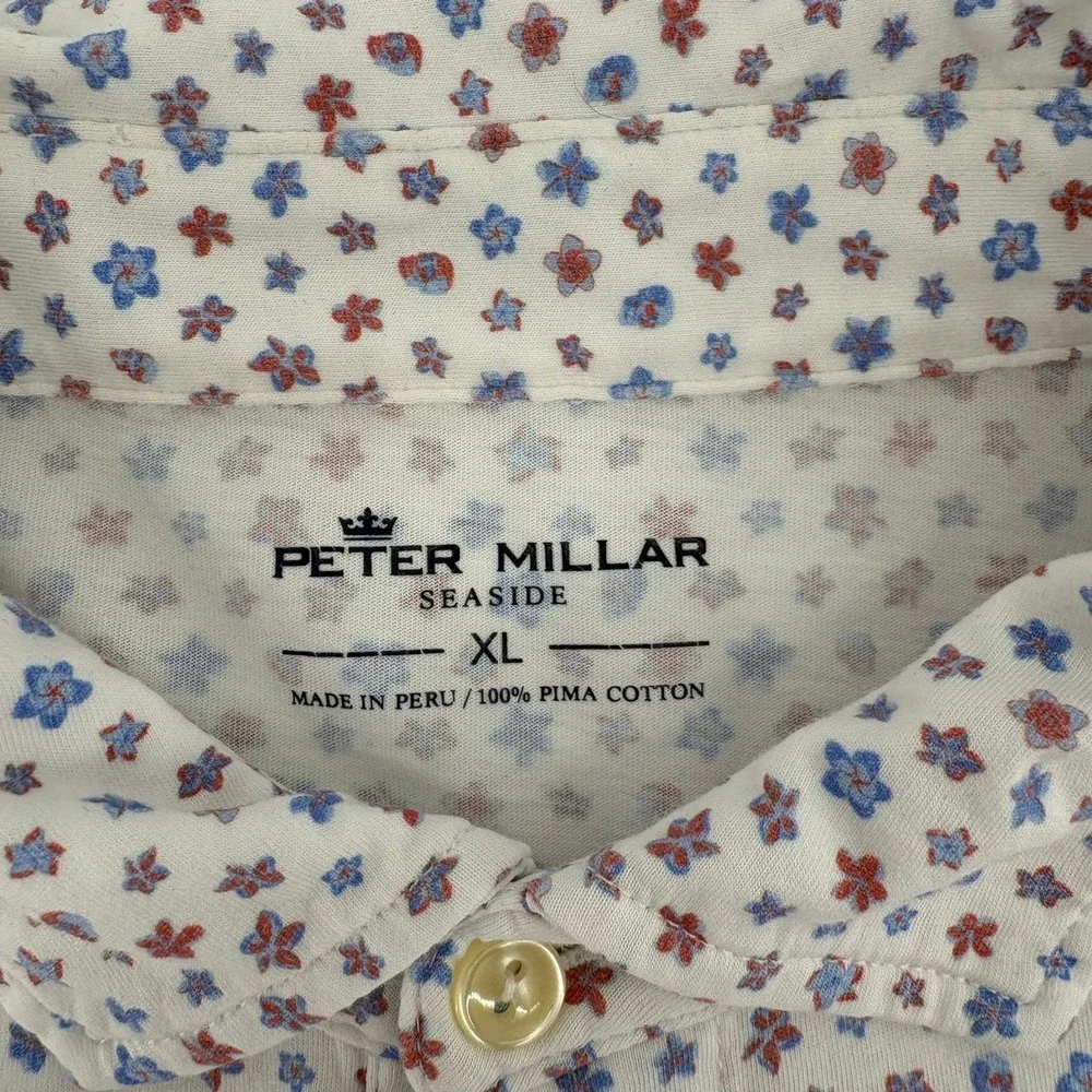 Peter Millar Seaside Mens XL Pima Cotton Floral Polo Shirt White Blue MF21K8